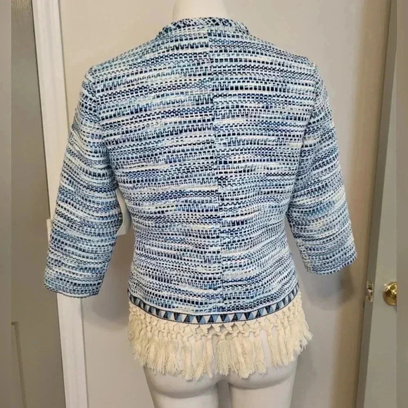 Boston Proper Blue White Tweed Fringe Fully Lined Blazer Jacket(8) - Picture 3 of 13